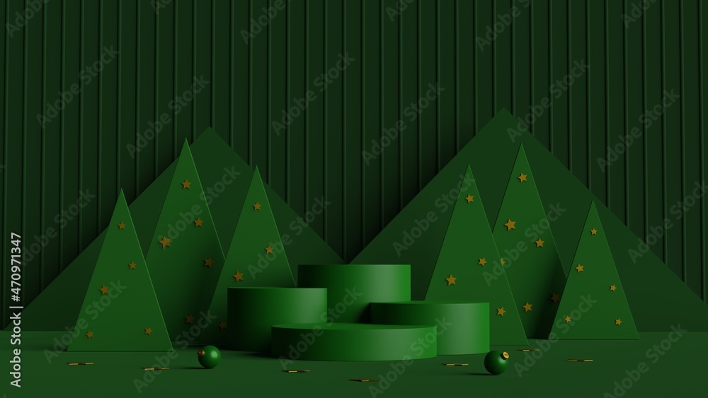 Poster Minimal scene of green podium with geometric shape and pine trees on green background.Merry christmas and happy new year concept.3d rendering illustration.