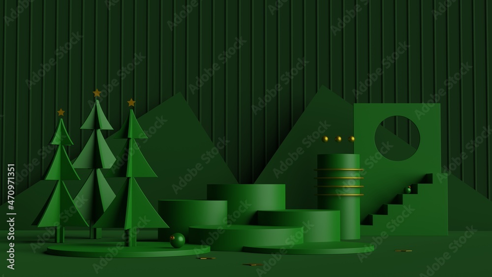 Poster Minimal scene of green podium with geometric shape and pine trees on green background.Merry christmas and happy new year concept.3d rendering illustration.