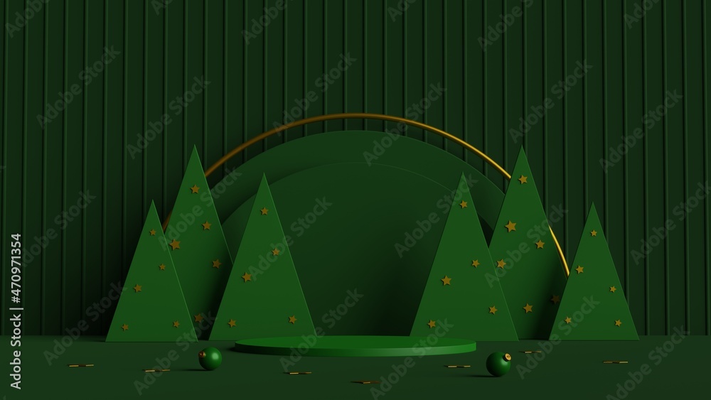 Poster Minimal scene of green podium with geometric shape and pine trees on green background.Merry christmas and happy new year concept.3d rendering illustration.