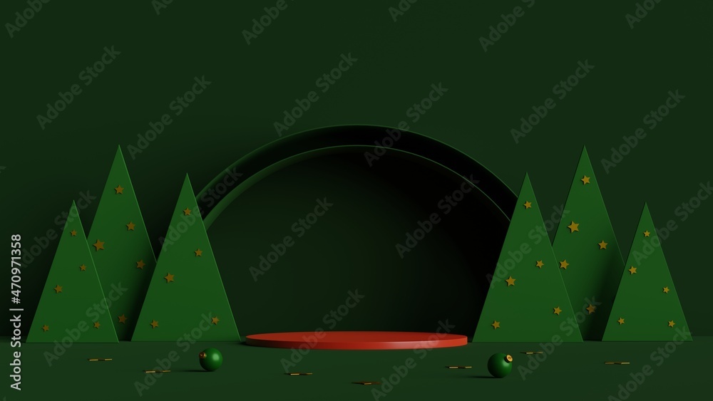 Poster minimal scene of red podium with geometric shape and pine trees on green background.merry christmas 