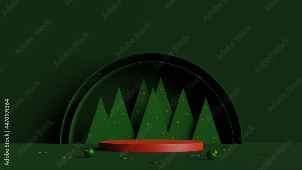Poster Minimal scene of red podium with geometric shape and pine trees on green background.Merry christmas and happy new year concept.3d rendering illustration.