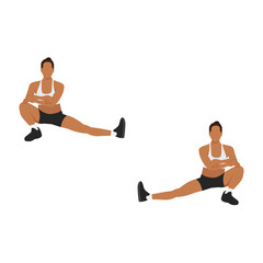 Woman doing Cossack squat exercise. Flat vector illustration isolated on white background