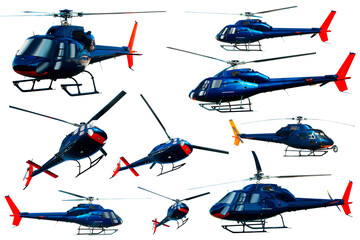Collection of helicopters flying isolated on white background