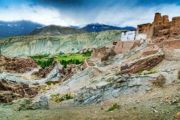 Ruins at Basgo Monastery with stones , rocks and Himalayan mountains. Vinatge architecture of old Ladakhs