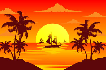 Fototapeta na wymiar Sailboat with sunset. Sailboat in the ocean with a seagull background vector