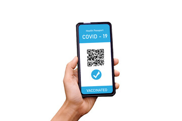 Woman hand using digital health passport app in mobile phone for travel during covid-19 pandemic, Vaccination passport for covid-19, health and surveillance concepts.