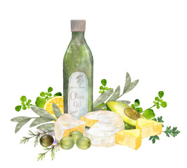 オリーブオイルとチーズとハーブ　水彩イラスト