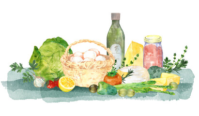 オリーブオイルと食材の水彩画