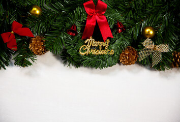 Christmas and New Year holiday background. Xmas greeting card. Christmas decorations and christmas wreath on white background