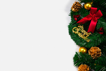 Christmas decorations and christmas wreath on white background with copy space. greeting card concept