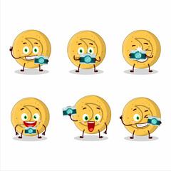 Photographer profession emoticon with dalgona candy moon cartoon character