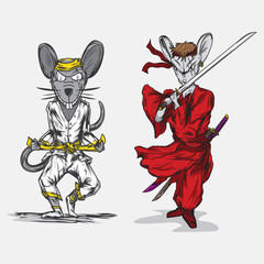 illustration combination of gray rat wearing judo athlete outfit and japanese samurai with two swords