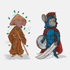 illustration combination of brown rat dressed in buddha and gray rat in gladiator outfit in red robe