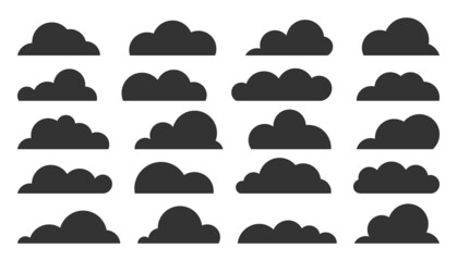 Cloud black silhouette set. Stamp smoke weather symbol game app widget website interface. Meteorology wallpaper splash element cloudless. Blank form nodding shape postcard book advertising isolated