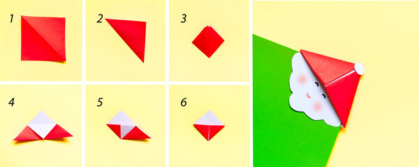 Step by step photo instruction how to make origami paper bookmark santa. Simple diy with kids children's concept.