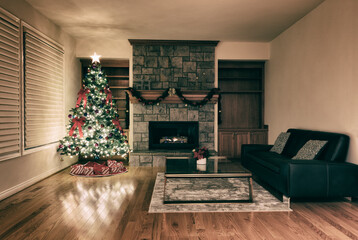 Vintage effect for Christmas, New Year interior background with decorated fir tree and fireplace