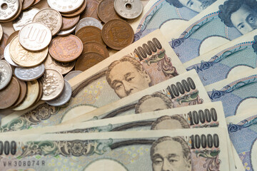 Japanese yen notes and Japanese yen coins for money concept background. save concept.