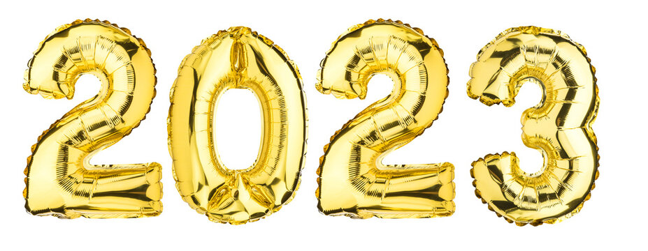 New Year 2023 celebration. Helium balloon. Golden Yellow foil color. Numbers Two 2, 3, Zero 0. Good for Party, greeting card, Advertising, Anniversary. High resolution photo. Isolated white background