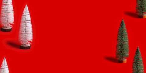 Pattern with Christmas tree white and green colors on red background. Minimal New Year fon with festive fir toys, xmas decoration backdrop, Christmas wide banner, copy space