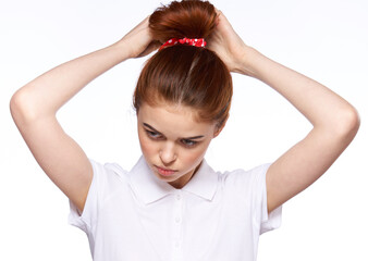 red-haired woman in white shirt cleaning lady housekeeping