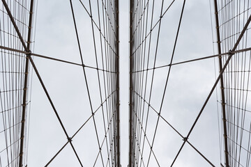 View from below of  steel cables of a hanging bridge