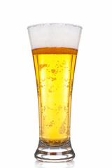 Light beer with foam in a tall transparent beer glass on a white background