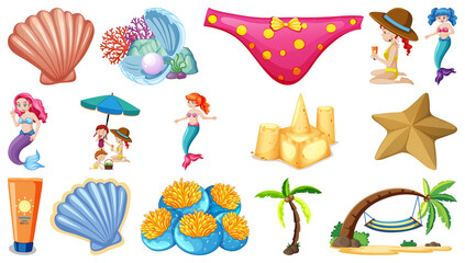 Set of summer beach objects and cartoon characters