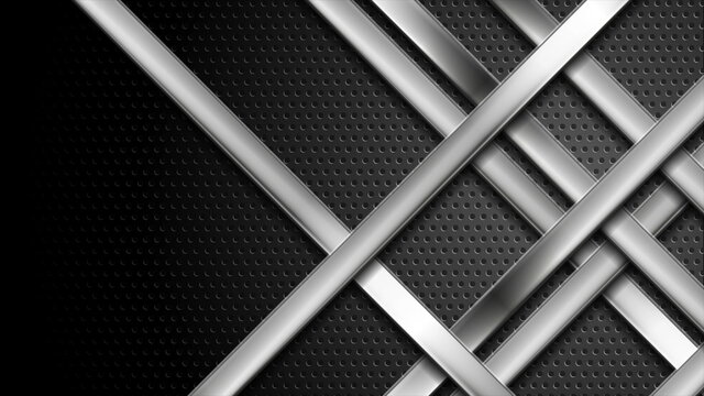 Silver metal stripes on dark perforated background background