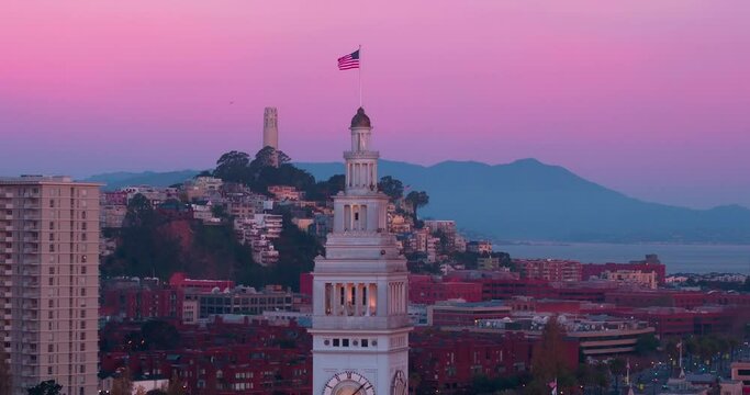 Aerial of coit tower, San Francisco Ferry Building & Embarcadero at sunrise