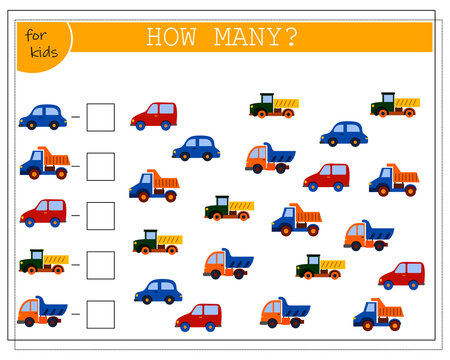 Children's math game, count how many of them. children's toys cars. vector