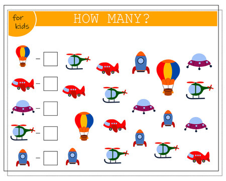 Children's math game, count how many of them. children's toys, helicopter, airplane, balloon, rocket. vector