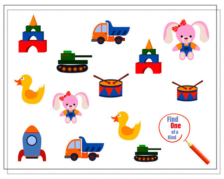 A children's logic game, find the one of a kind. children's toys, cars, balls, bears, airplane, helicopter. vector