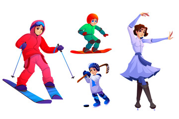 People with ski, snowboard, skates, hockey stick and puck. Vector cartoon set of characters with winter sport equipment for riding on snow and ice. Man skier, boy snowboarder and woman skater