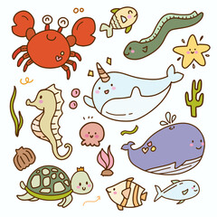 Cute kids sticker baby sea animal doodle icon drawing collection. Fish crab whale cartoon.