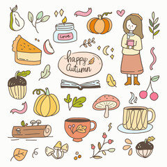 Girl sticker fall autumn element cartoon illustration doodle badges. Hand drawn icon planner collection set.