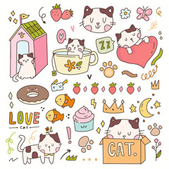 Cute cat and kitten sticker cartoon illustration doodle badges. Hand drawn icon planner collection set.