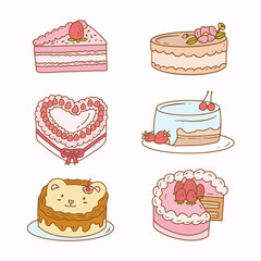 Sticker drawing of strawberry cake. Flat vector drawing cake icon.