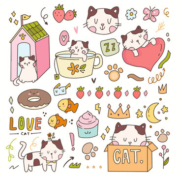Cute cat and kitten sticker cartoon illustration doodle badges. Hand drawn icon planner collection set.