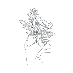 Minimalistic Woman Figure With Flowers And Bird. Sensual Vector Illustration Of Female Body In Trendy Linear Style With Blooming Nature Elements. Design for t-shirts print, poster, tattoo, logo, card