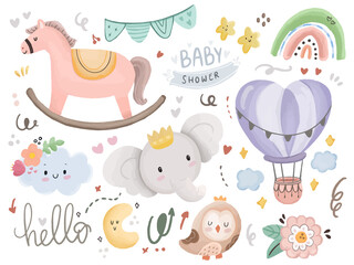 Baby shower watercolor print element with horse and cute elephant rainbow illustration design milestone