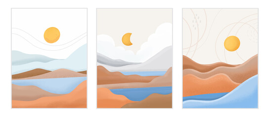 Set of abstract minimal artistic wall decor and aesthetic line painting landscape illustration