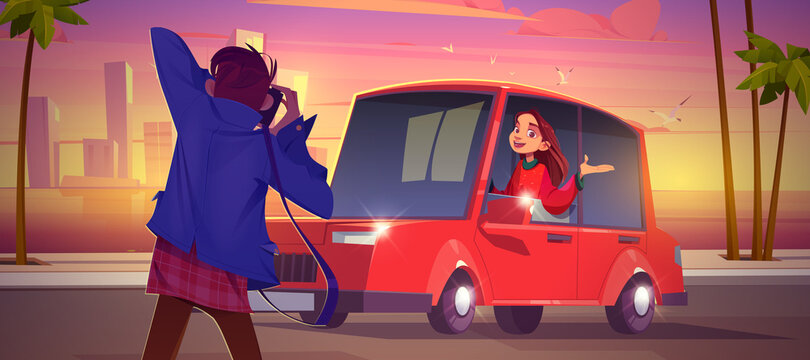 Photographer shoot woman sitting in red sedan car at beautiful sunset cityscape view with skyscrapers and palm trees at seaside, Girl posing to man with photo camera, Cartoon vector illustration