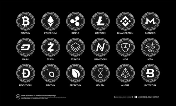 Cryptocurrency  set, Digital money exchange of Blockchain technology, Cryptocurrency mining and financial Vector illustration.