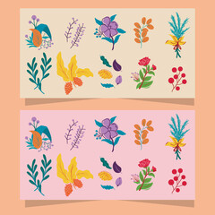 A collection of plant ornaments for summer and spring greeting cards, in bright, uplifting colors
