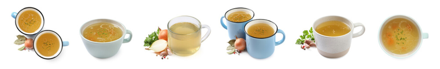 Set with hot delicious bouillon in cups on white background. Banner design