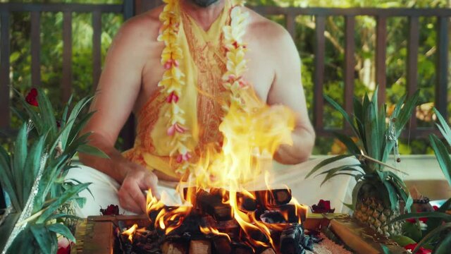 Flowers and fruits for offering at the Yagya fire ceremony hindu