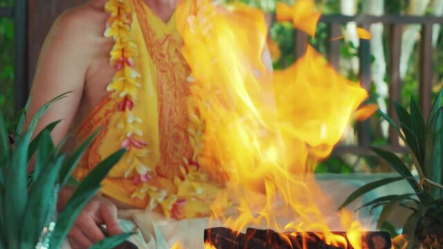 Flowers and fruits for offering at the Yagya fire ceremony hindu