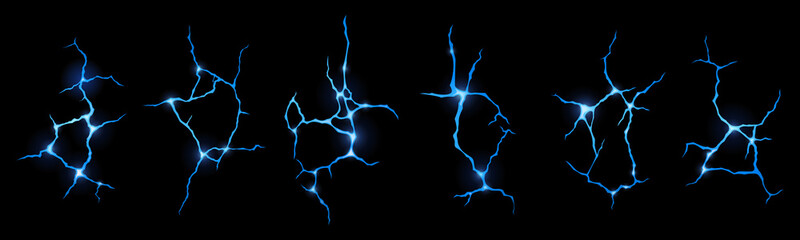 Ground cracks with frozen water top view, magic lightnings, cracking holes, winter pond surface iced texture. Destruction, damage fissure effect isolated on black background. Realistic 3d vector set