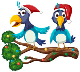Blue bird wearing Christmas hat cartoon character