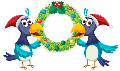 Blue bird holding christmas wreath cartoon character